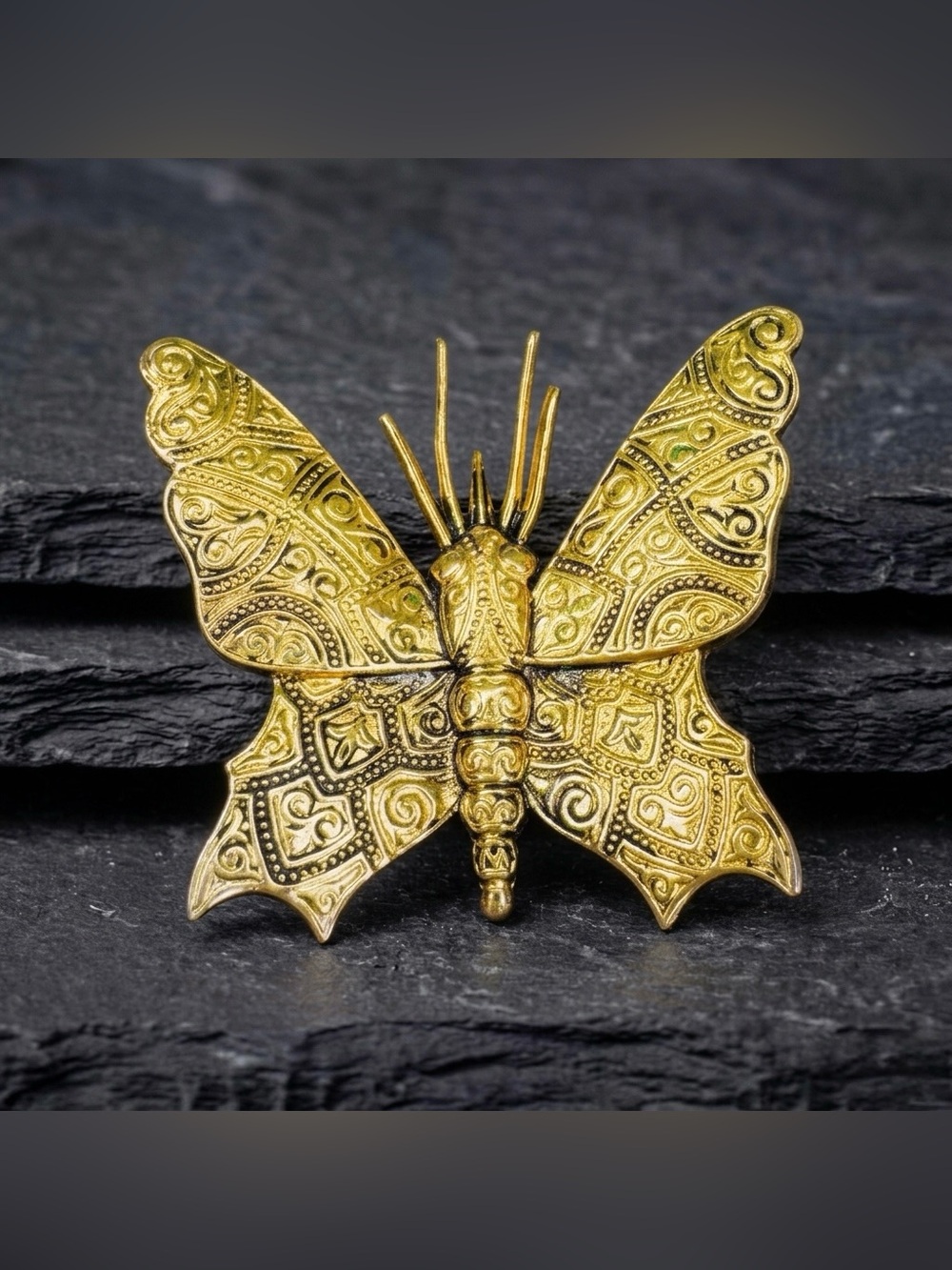 Vintage 70s Signed Spain Toledo Damascene Gold Tone Moth Butterfly Brooch